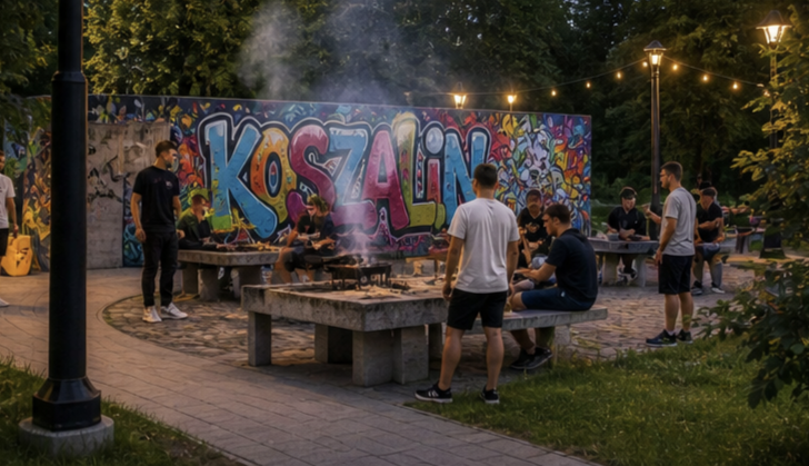 Strefa Grillowa - młodzi ludzie, w tle graffitti oraz klimatyczne oświwtlenie