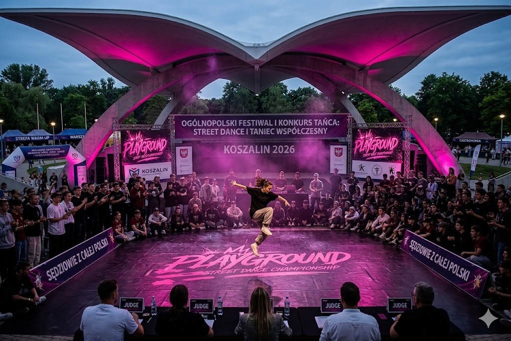 Szerokie ujęcie plenerowego wydarzenia tanecznego „Playground Street Dance Championship” w Koszalini