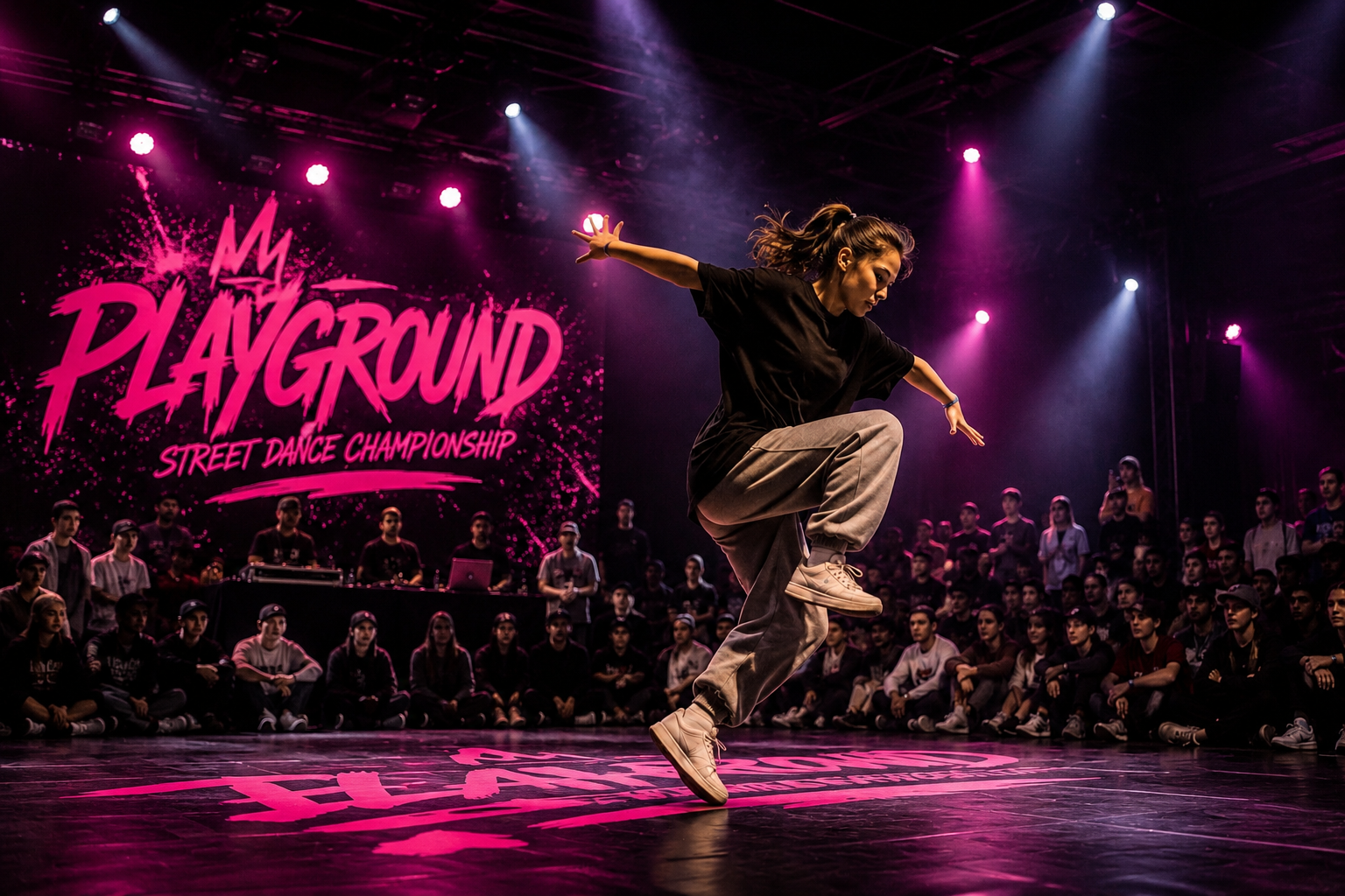 Dynamiczne, bliskie ujęcie tancerki wykonującej figurę breakdance na podłodze tanecznej. Kobieta ma Dynamiczne, bliskie ujęcie tancerki wykonującej figurę breakdance na podłodze tanecznej. Kobieta ma